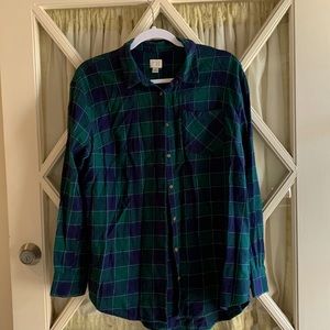 Blue and green plaid button down top.